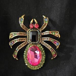 Gold Spider Brooch with Pink and Green Crystals